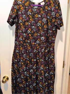 LuLaRoe Black Floral Midi Dress with Purple, Yellow & Blue Accents